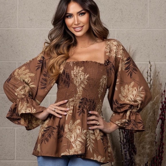 New Stunning Rich Mocha Brown Fern Leaf Print Women’s Beautiful Blouse Top - Picture 3 of 4